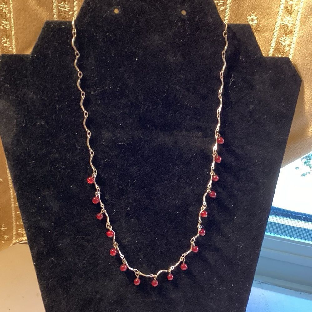 Elegant Silvertone Necklace with Tiny Red Accent Beads